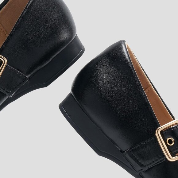 Women Pu Black Polyurethane (PU) Closed Toe Strap Buckle Ballerina Flats Shoes - Picture 3 of 6